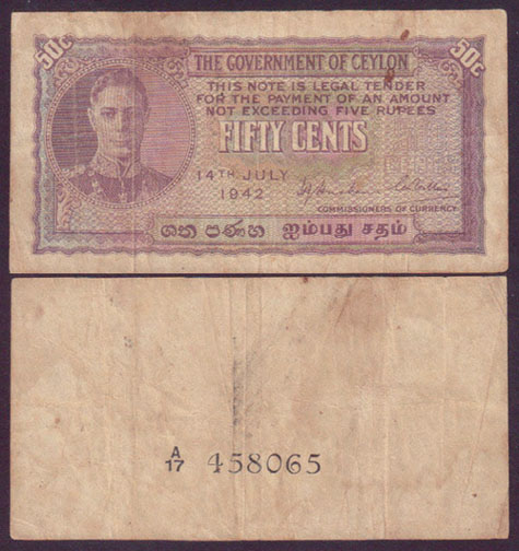 1942 Ceylon 50 Cents (July) L001163